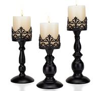 Vintage Pillar Candle Holders for Table Centerpiece Set of 3-11'' 9'' 8'' - Matte Black Metal Candle Stands Decorative - Candle Centerpiece for Table Fireplace Decor - Gothic Candle Holder