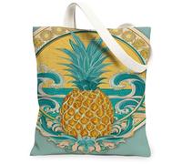 Vintage Pineapple Canvas Tote Bags, Artistic Tropical Print Reusable Grocery Bags, Summer Beach Lightweight Washable Should, Teal, 13x15 Inch
