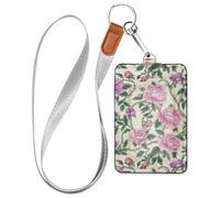 Vintage Pink Flowers Green Leaves William Morris Style Leather Work id Badge Holder for Women with Lanyard and 3-Card Capacity case with Card Holder for Office Shcool Hospital & Driver Licence