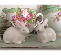 Vintage Pink PAIR of small CERAMIC white RABBIT/bunny EASTER DECORATIONS