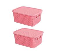 Nobel Cello Plastic Style Knit Small Rectangular Basket With Lid, Multipurpose for Kitchen, Toys, Accessories,Clothes, Vegetables,Cosmetics, Books,Office, Set of 2 (Medium - Pink)