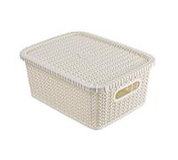 Vintage Plastics knit Style Multipurpose Rectangular Storage Basket, With Lid For Kitchen, Toys, Accessories,Clothes, Vegetables,Cosmetics, Books,Office, (Ivory, 28.5 x 21 x 13 cm)