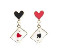 Vintage Playing Card Earrings for Women Asymmetric Gold Rabbit Red Heart Drop with Clock Charm Wonderland Inspired Costume Jewelry, Metal, No Gemstone