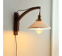 Vintage Plug In Wall Light Wood Arm Wall Sconce with White Ceramic Lampshade, Rustic Farmhouse Lighting Fixture Walnut Bedside Wall Mount Reading Lamps for Living Room