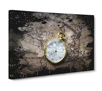 Vintage Pocket watch and World Map No.1 Modern CB Canvas Wall Art Print Ready to Hang, Framed Picture for Living Room Bedroom Home Office Décor, 30x20 Inch (76x50 cm)