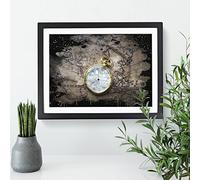 Vintage Pocket watch and World Map No.1 Modern CB Framed Print | A3 Black Framed Wall Art | Ready to Hang | Classic Map Picture | Living Room Bedroom Lounge Office