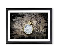Vintage Pocket watch and World Map No.1 Modern CB Framed Print | A4 Black Framed Wall Art | Ready to Hang | Classic Map Picture | Living Room Bedroom Lounge Office