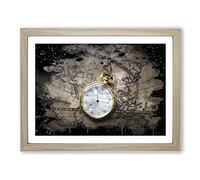 Vintage Pocket watch and World Map No.1 Modern CB Framed Print | A4 Oak Framed Wall Art | Ready to Hang | Classic Map Picture | Living Room Bedroom Lounge Office