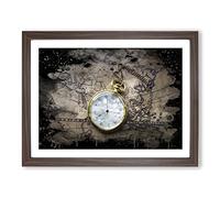 Vintage Pocket watch and World Map No.1 Modern CB Framed Wall Art Print, Ready to Hang Picture for Living Room Bedroom Home Office Décor, Walnut A4 (34 x 25 cm)