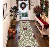 Vintage Poinsettia Botanical Christmas Runner Rug 2x5 | Deep Red Floral Motif, Hallway Runner Rug, Intricate Scrolling Foliage, Ornate Botanical Illustration