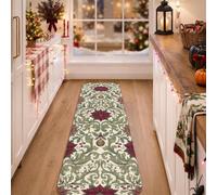 Vintage Poinsettia Botanical Christmas Runner Rug 2x6 | Deep Red Floral Motif, Hallway Runner Rug, Intricate Scrolling Foliage, Ornate Botanical Illustration
