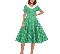 Vintage Polka Dot Dress for Petite Women, 50s Rockabilly Party Skater Dresses with Button Front, Elegant V-Neck Short Sleeve Swing A-Line Dress Knee-Length My Orders Sale Clearance Green