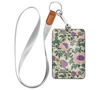 Vintage Poppy Flowers Green Leaves Retro Leather Card Badge Holder with Lanyard and 3-Card Capacity Card Holder for Staffs Officers Students Doctors Employees