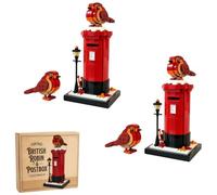 Vintage Postbox & Robin Brick Set, British Style Red Mailbox Building Blocks Ornament, Retro London Mailbox & Bird Brick Model for Bird Lovers and Collectors (2pcs)