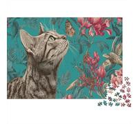 Vintage Print Rätsel Für Erwachsene |Bengal Cat Sniffing A Butterfly| Familienspaß-Puzzles 1000pcs (75x50cm) Erwachsene
