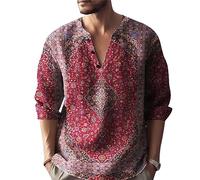 Vintage Print Shirt Men Fashion Floral Shirts Long Sleeve Shirts V-Neck Tee Tops Outdoor Street Clothing Casual Shirts Holiday Graphic Shirts Beach Shirts Button Front Work Shirts for Walking Red