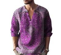 Vintage Print Shirt Men Fashion Floral Shirts Long Sleeve Shirts V-Neck Tee Tops Outdoor Street Clothing Casual Shirts Holiday Graphic Shirts Beach Shirts Button Front Work Shirts for Walking Purple