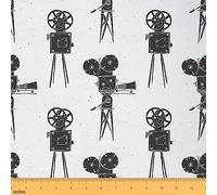 Vintage Projector Fabric by The Yard,Cinema Theatre Black White Indoor Outdoor Fabric for Home DIY,Retro Farmhouse Style Waterproof Outdoor Fabric,Ancient Movie Equipment Sewing Supplies,1 Yard