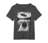 Vintage Pug UFO Encounters - Funny UFO and Pug Selfie T-Shirt, Women's Plus, Dark Heather Grey, 4X