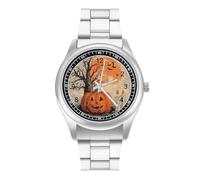 Vintage Pump-kin Scene Halloween Men's Quartz Watch Stainless Steel Bands Easy Read Minimalist Wristwatches Daily Business