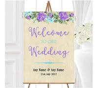 Vintage Purple Blue Watercolour Personalised Any Wording Welcome Wedding Sign
