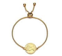 Vintage Queen Head Portrait Coin Charm Bracelet Statement Stainless Steel Carved Textured Medallion Round Disc Pendant Adjustable Chain Dainty Dangle Fashion Hand Jewelry for Women Men, One Size