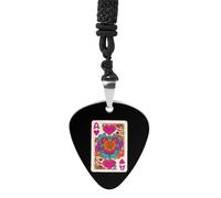 Vintage Queen Hearts Florals Playing Card Guitar Pick Pendant Necklace for Acoustic Electric Bass Players Guitar Accessories Guitarist Gifts