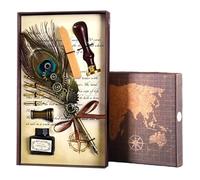 Vintage Quill Pen and Ink Sets,Mechanical Feather Dip Pen Set with 5 Replacement Nibs and Brass Base,Calligraphy Dip Pens Gift Set with Wax Seal for Writing
