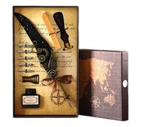 Vintage Quill Pen and Ink Sets,Mechanical Feather Dip Pen Set with 5 Replacement Nibs and Brass Base,Calligraphy Dip Pens Gift Set with Wax Seal for Writing