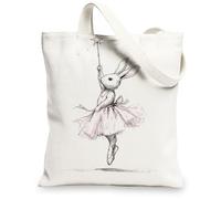 Vintage Rabbit Canvas Tote Bag, Cute Ballerina Bunny Design Reusable Shopping Bag, Lightweight Washable Shoulder Strap Tote, White, 13x15 Inch