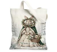 Vintage Rabbit Winter Joy Illustration Canvas Tote Bag 13x15 Inch | Victorian Lace Gown, Pine Wreath, Woodland Aesthetic, Snowy Forest, Natural Linen Texture