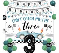 Vintage Race Car 3rd Birthday Decorations for Boys, Can’t Catch Me I’m Three Backdrop, Race Car Birthday Banner, Racing Flag Print Balloons for Race Car Themed 3 Year Old Birthday Party Decorations
