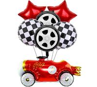 Vintage Race Car Balloon,Black and White Checkered Car Wheel Red Star Foil Balloon,Racing Theme Birthday Party Baby Shower Decorations Supplies - Set of 7