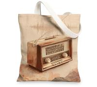 Vintage Radio Canvas Tote Bags, Artistic Retro Sound Waves Design Reusable Grocery Bags, Lightweight Washable Shoulder Stra, Beige, 13x15 Inch