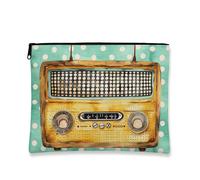 Vintage Radio Cosmetic Bag, Aqua Polka Dot Portable Makeup Pouch for Women, Small Canvas Zipper Organizer, for Festivals, Aqua, 7x9 Inch