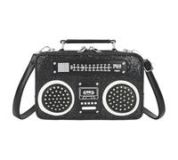 Vintage Radio Recorder Clutch Handbag Leather Top Metal Handle Crossbody Small Box Bag Shoulder Bag, Ba-glitter Black, Crossbody Clutch Bag