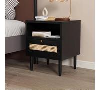 Vintage Rattan Nightstand - Modern Black Bedside Table with Double Drawers & Wide Countertop - Antique Style Small Storage Cabinet for Bedroom (Single Drawer)