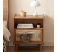 Vintage Rattan Nightstand,Solid Wood Bedside Table with 1 Drawer and Open Shelving,Functional End Table with Wooden Legs for Bedroom,Dormitory