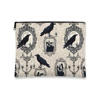 Vintage Raven Makeup Bag, Gothic Black Birds Cosmetic Travel Pouch for Women, Portable Small Canvas Zipper Organizer, Halloween Skincare Toiletry Bag, Black, 7x9 Inch