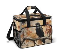Vintage Raven on Autumn Tree Branch Camping Cooler Bag Insulated Beach Coolers Portable Leak Proof Bags with Shoulder Strap