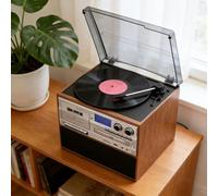 Vintage Record Player 3-Speed with Built-in Speakers for Home Use | Supports CD and cassette playback, built-in AM/FM radio, includes dust cover, retro style, suitable for home entertainment
