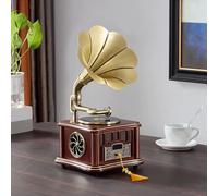 Vintage Record Player Bluetooth Speaker, Vinyl Turntable with Copper Horn, U Disk Connection, Tabletop Decoration for Music Lovers