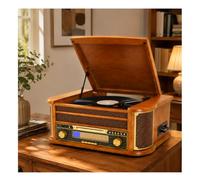 Vintage Record Player Turntable with Speakers, All-in-One Retro Music Center with CD Cassette Player, Bluetooth In/Out, AM/FM Radio, USB Playback & Recording,for Home Decor Gift
