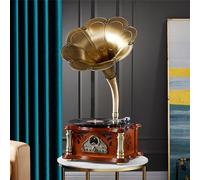 Vintage Record Player with Bluetooth, Phonograph Turntable, Antique Gramophone with Brass Horn, Wireless Remote Control for Home Decoration