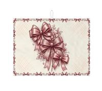 Vintage Red Bow Dish Drying Mats for Kitchen Counter, Elegant Floral Absorbent Dish Drainer Rack Mat, Holiday Microfiber Drying Pad for Kitchen Counter Decor 18x24 Inch