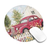 Vintage Red Car Desk Mouse Pad, Spring Floral White House Design Stitched Edge Mousepad, Rubber Non-Slip Washable Gaming Mouse Pad for Home and Office Computer, Laptop Round 8x8 Inch