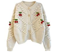 Vintage Red Cherry Button Knit Coat Crop Tunic Long Sleeve Jacket Elegant Open Front Cardigan Soft Thick Autumn Pullover, White, One Size