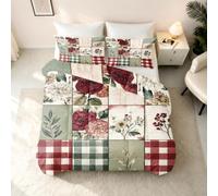 Vintage Red Coverless Duvet King 230x220cm Rose Buffalo Plaid Duvet | 7.5 Tog All Season Quilt 3 Pieces, Bedding Comforter and 2 Pillowcases, Lightweight & Warm Bedroom Decor