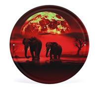 Vintage Red Full Moon Elephants Wall Art Round Mental Wall Plaque Hanging Decoration Modern Circular Rustic Artwork Sign 12" X 12" For Bedroom Living Room Office Outdoor