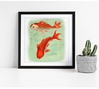 Vintage Red Koi Fish Stunning Framed Wall Art Picture Print Square - 25cm wide x 25cm high - Black Frame